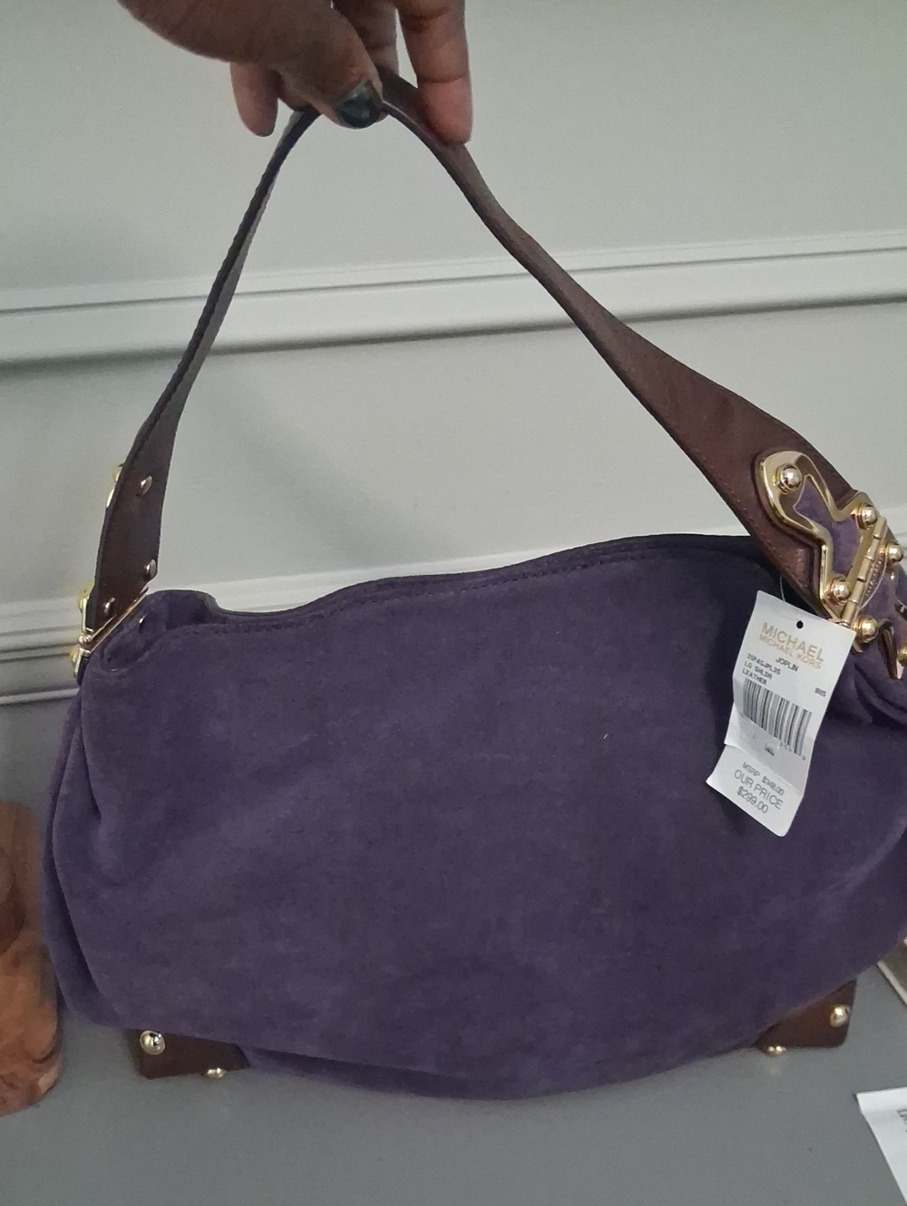 Michael Kors Purple Canvas Shoulder Bag with Brown Leather Accents